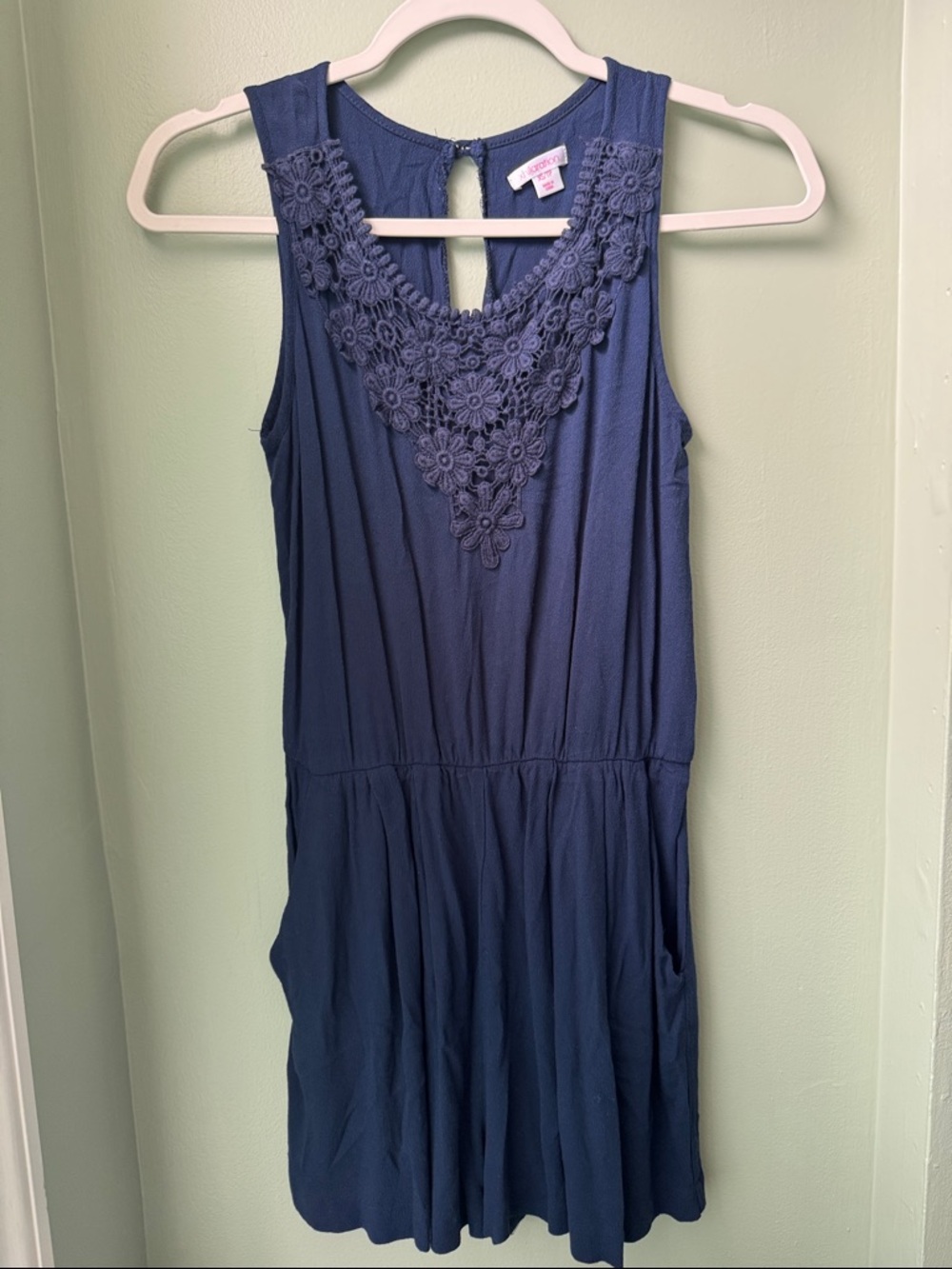 Xhilaration Navy Blue Sleeveless Crochet V-Neck Romper with Pockets XS